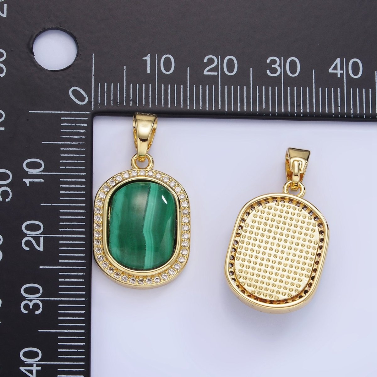 14K Gold Filled 28mm Malachite Oblong Micro Paved Bezel Pendant | AA1236