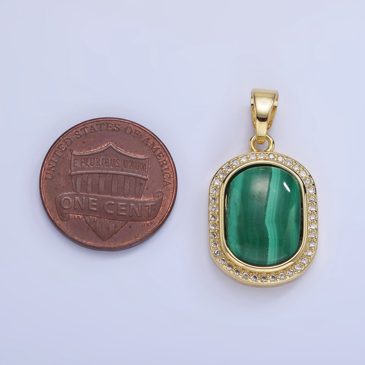 14K Gold Filled 28mm Malachite Oblong Micro Paved Bezel Pendant | AA1236