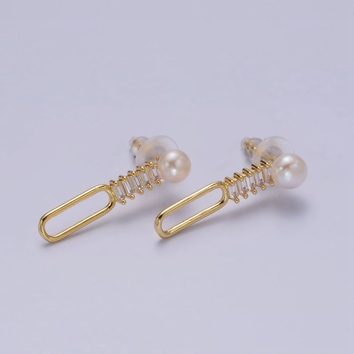 14K Gold Filled 28mm Open Oblong Clear Baguette Lined Pearl Drop Stud Earrings | AE749
