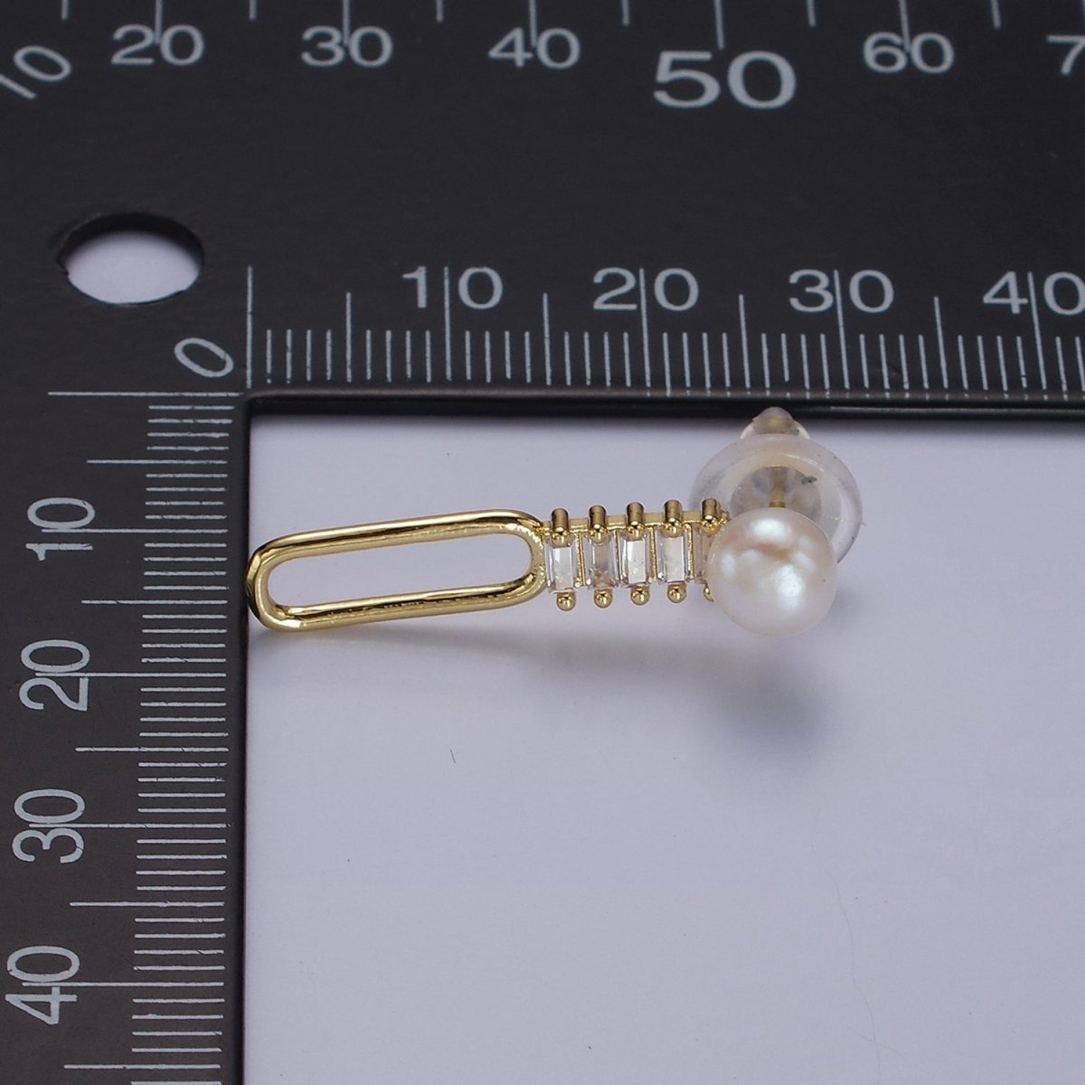 14K Gold Filled 28mm Open Oblong Clear Baguette Lined Pearl Drop Stud Earrings | AE749