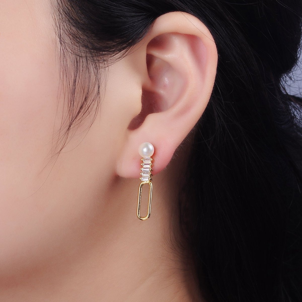 14K Gold Filled 28mm Open Oblong Clear Baguette Lined Pearl Drop Stud Earrings | AE749
