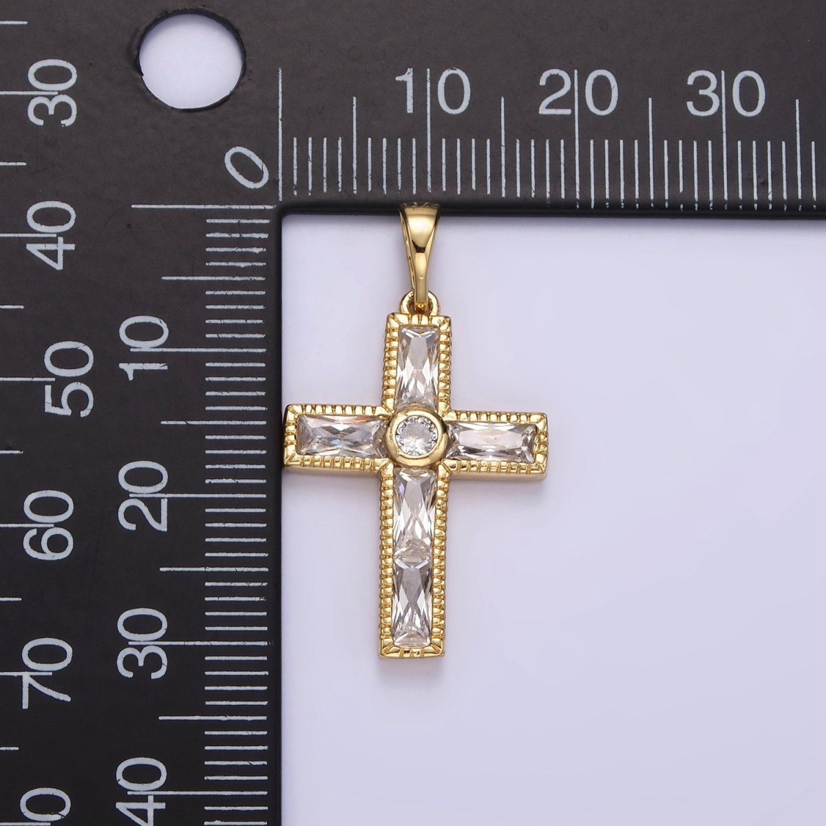 14K Gold Filled 30mm Clear CZ Round Baguette Lined Textured Pendant | AA725