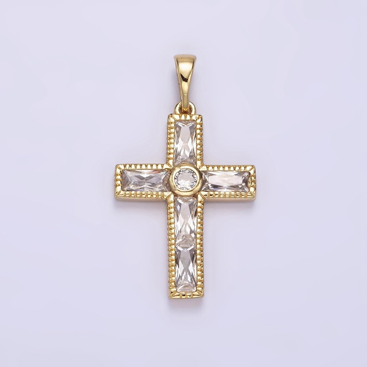 14K Gold Filled 30mm Clear CZ Round Baguette Lined Textured Pendant | AA725