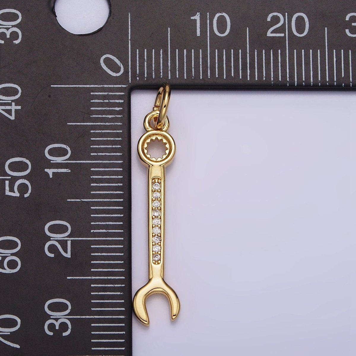 14K Gold Filled 30mm Clear Micro Paved CZ Combination Wrench Construction Tool Charm | N1102