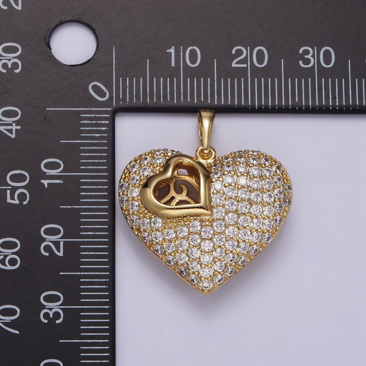 14K Gold Filled 30mm Clear Micro Paved CZ Double Sided Filigree Open Heart Pendant | AA720