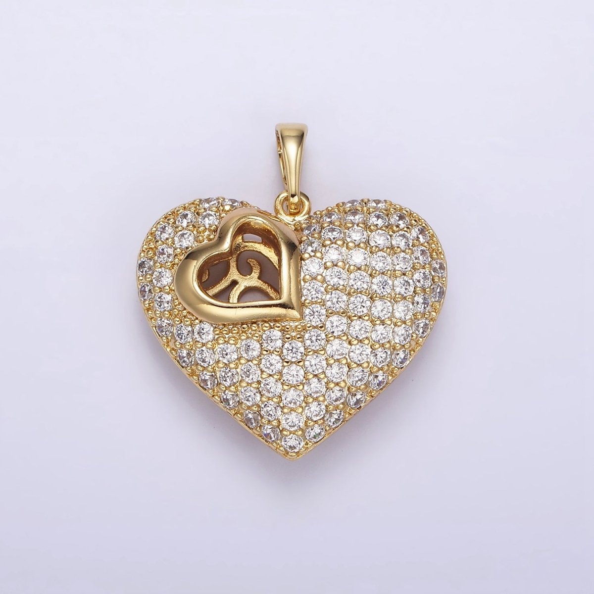 14K Gold Filled 30mm Clear Micro Paved CZ Double Sided Filigree Open Heart Pendant | AA720