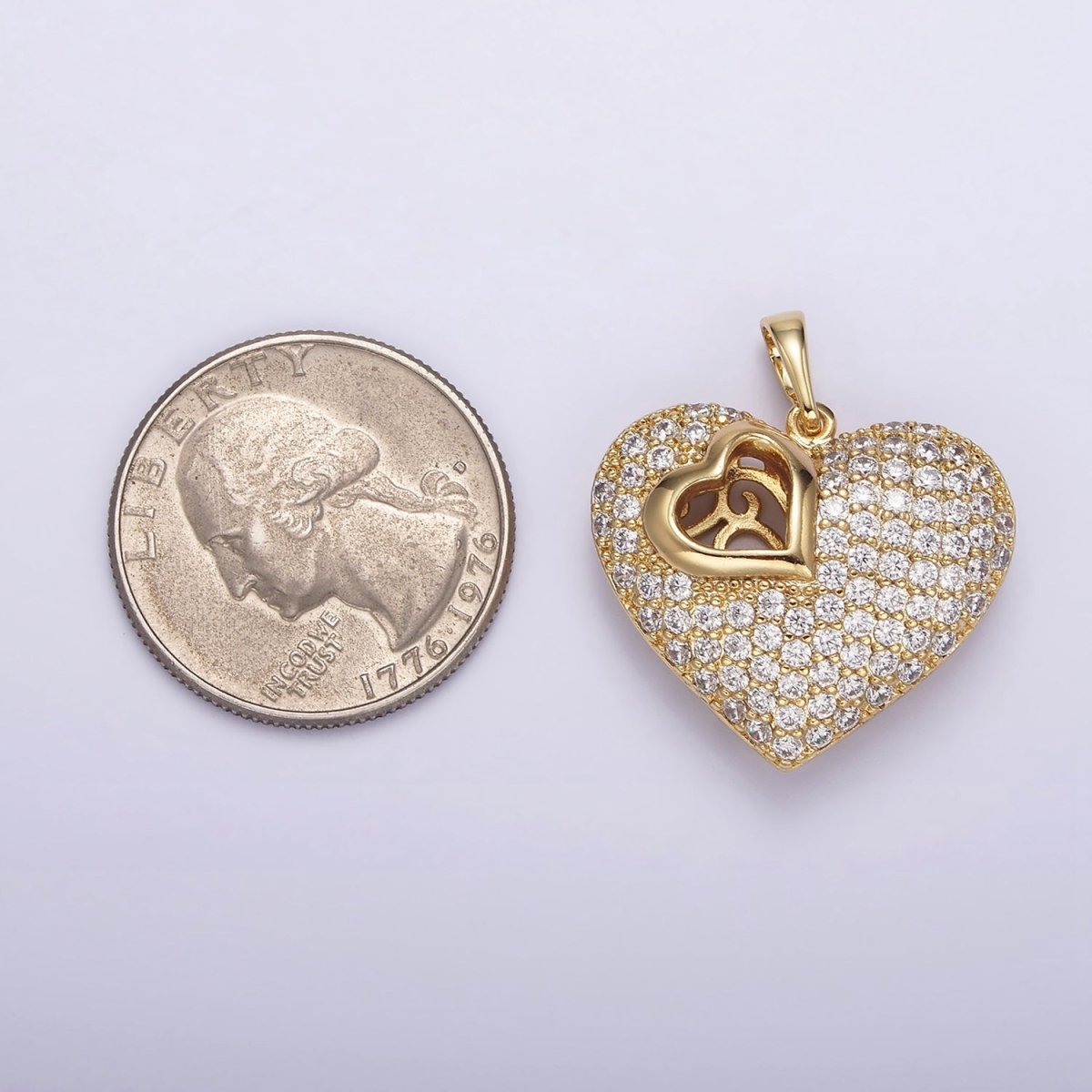 14K Gold Filled 30mm Clear Micro Paved CZ Double Sided Filigree Open Heart Pendant | AA720