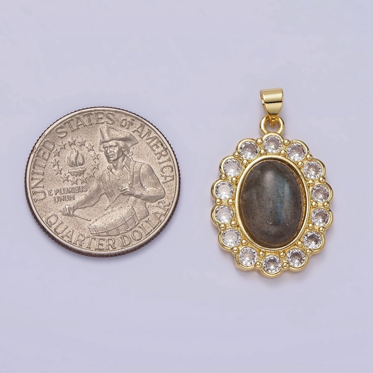 14K Gold Filled 30mm Labradorite Cabochon Rounded Clear CZ Oval Pendant | AA680