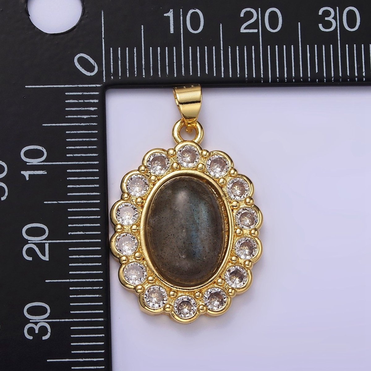 14K Gold Filled 30mm Labradorite Cabochon Rounded Clear CZ Oval Pendant | AA680