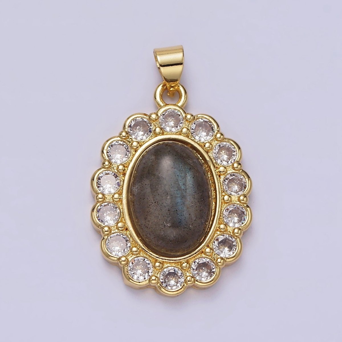 14K Gold Filled 30mm Labradorite Cabochon Rounded Clear CZ Oval Pendant | AA680