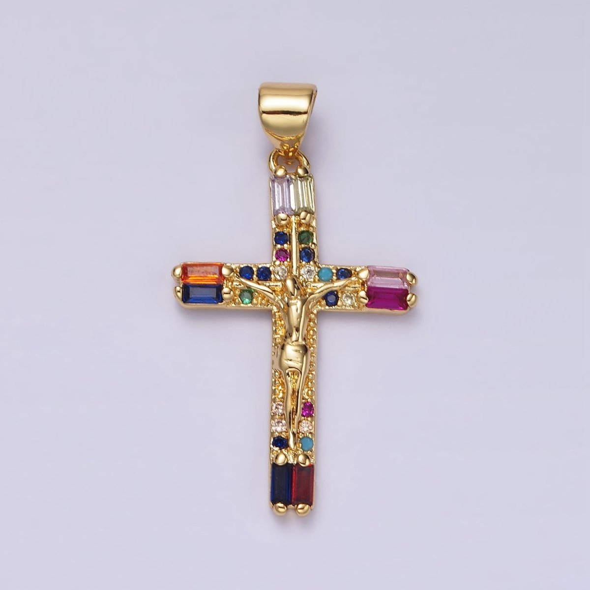14K Gold Filled 30mm Multicolor Baguette Micro Paved CZ Crucifix Cross Pendant | AH048