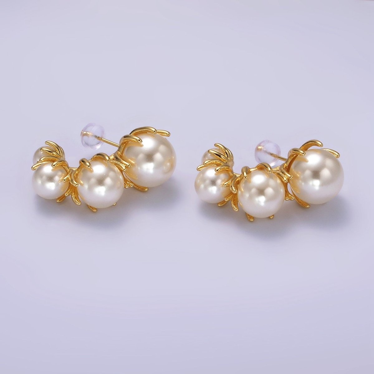 14K Gold Filled 30mm Pearl Curved Lined J-Shaped Hoop Earrings | AE195