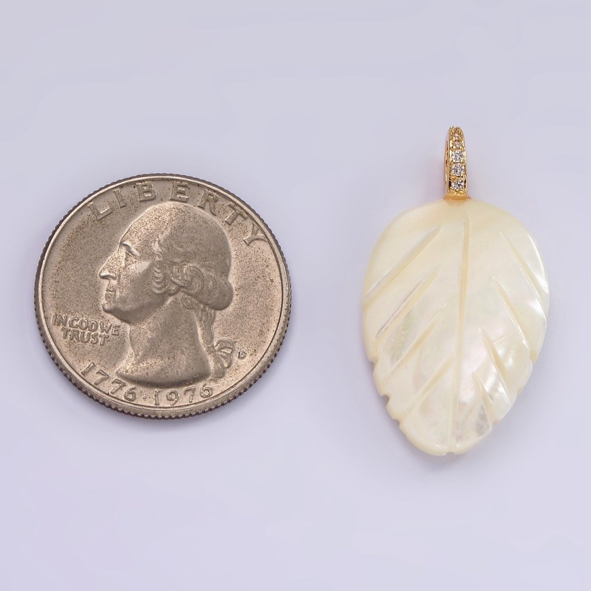 14K Gold Filled 30mm Shell Pearl Leaf Nature Micro Paved CZ Bail Pendant | P1653