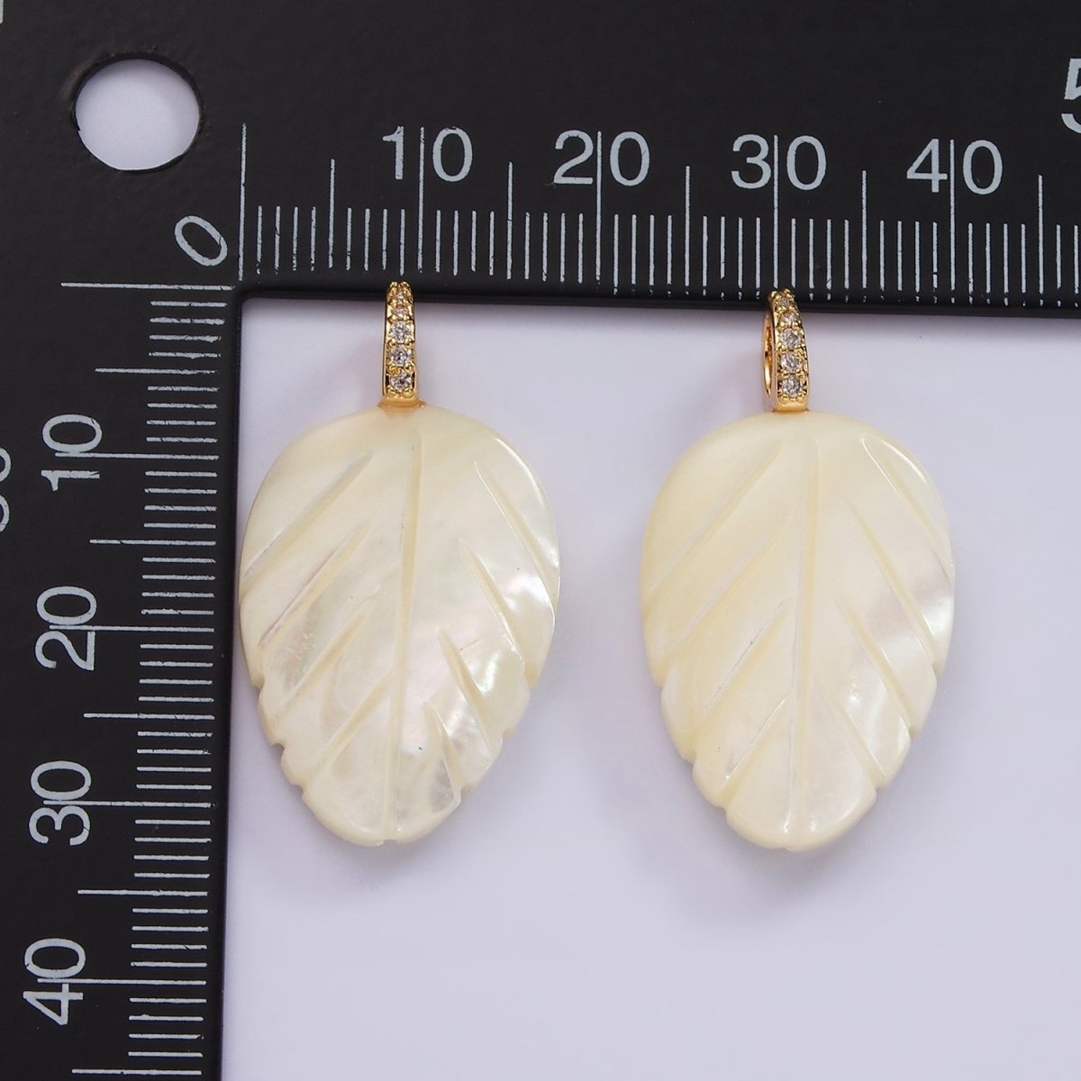 14K Gold Filled 30mm Shell Pearl Leaf Nature Micro Paved CZ Bail Pendant | P1653