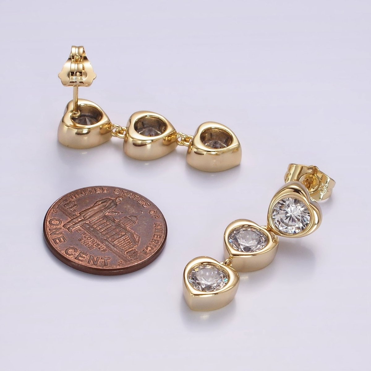 14K Gold Filled 30mm Triple Clear CZ Heart Bezel Drop Stud Earrings | AB1135