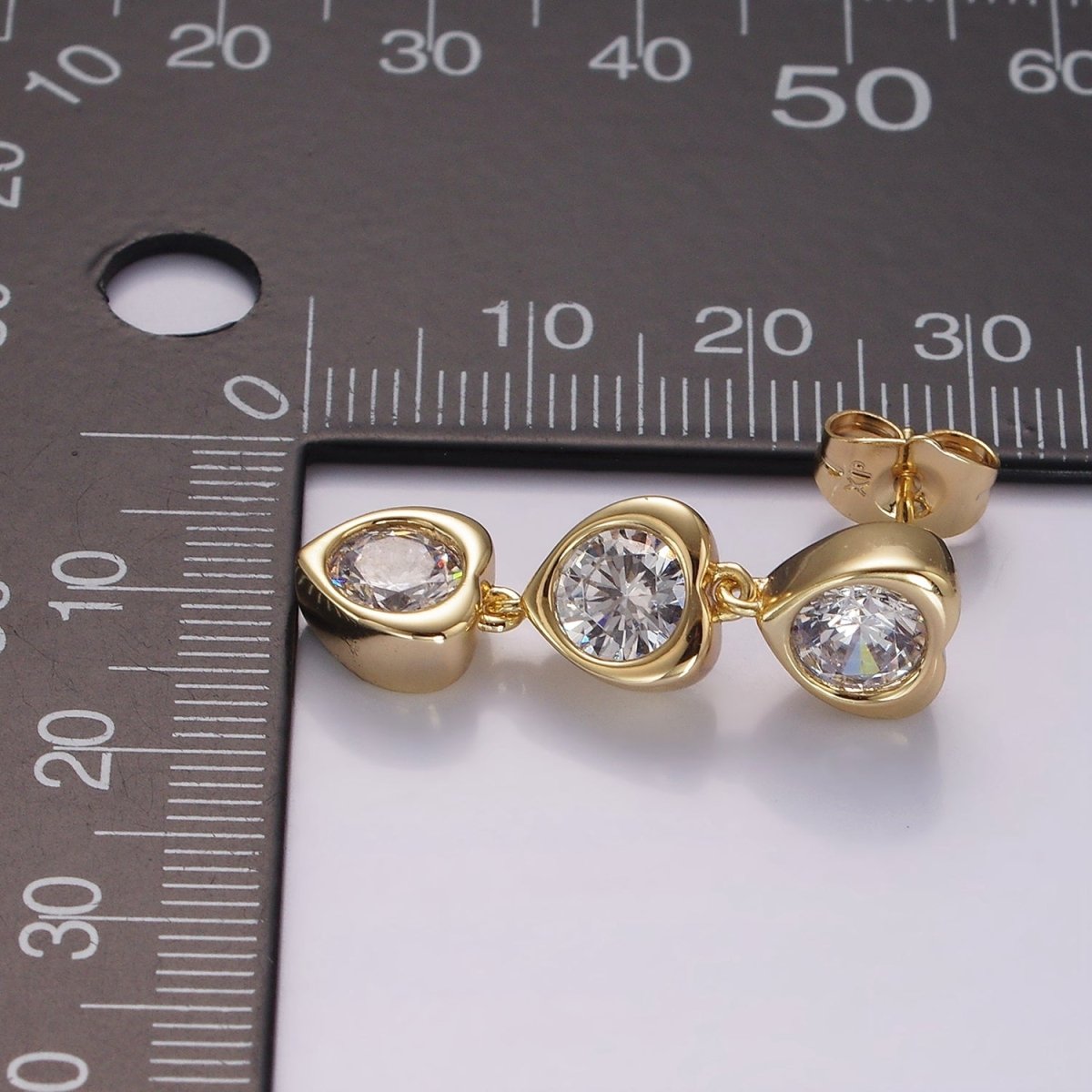 14K Gold Filled 30mm Triple Clear CZ Heart Bezel Drop Stud Earrings | AB1135