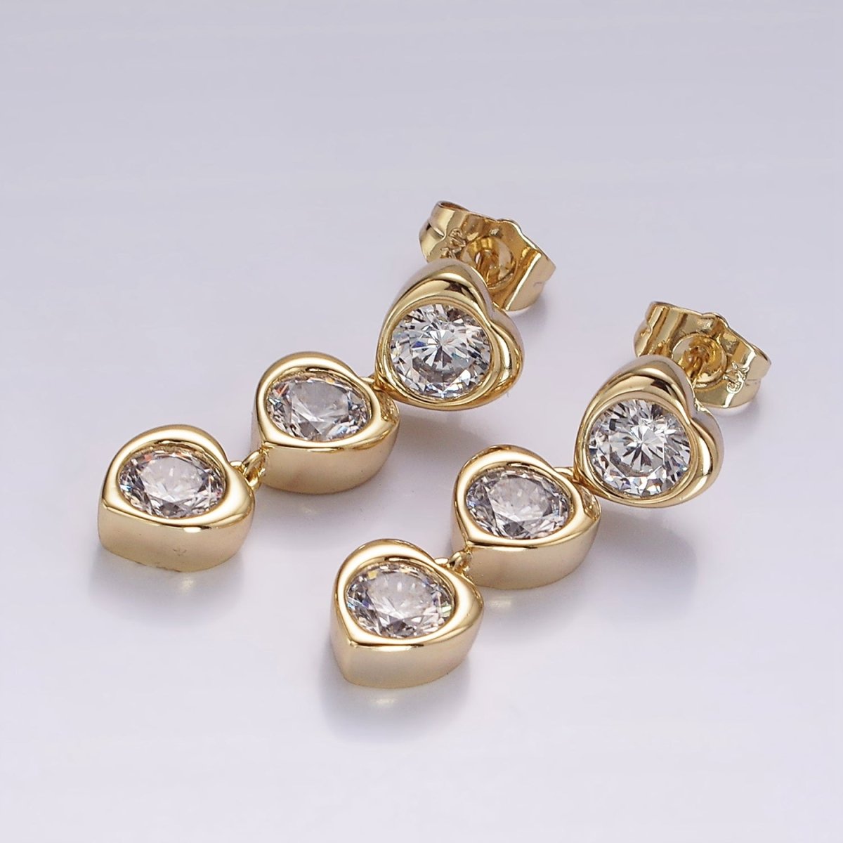 14K Gold Filled 30mm Triple Clear CZ Heart Bezel Drop Stud Earrings | AB1135