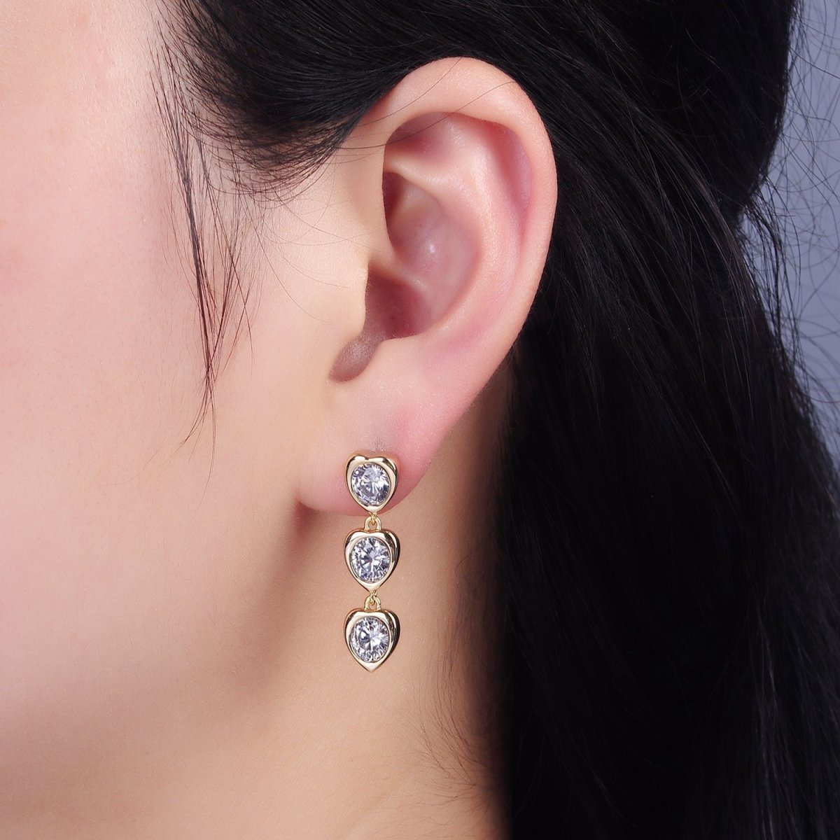 14K Gold Filled 30mm Triple Clear CZ Heart Bezel Drop Stud Earrings | AB1135