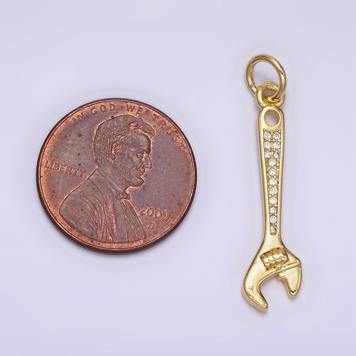 14K Gold Filled 32mm Clear Micro Paved CZ Torque Wrench Construction Tool Charm | N1100
