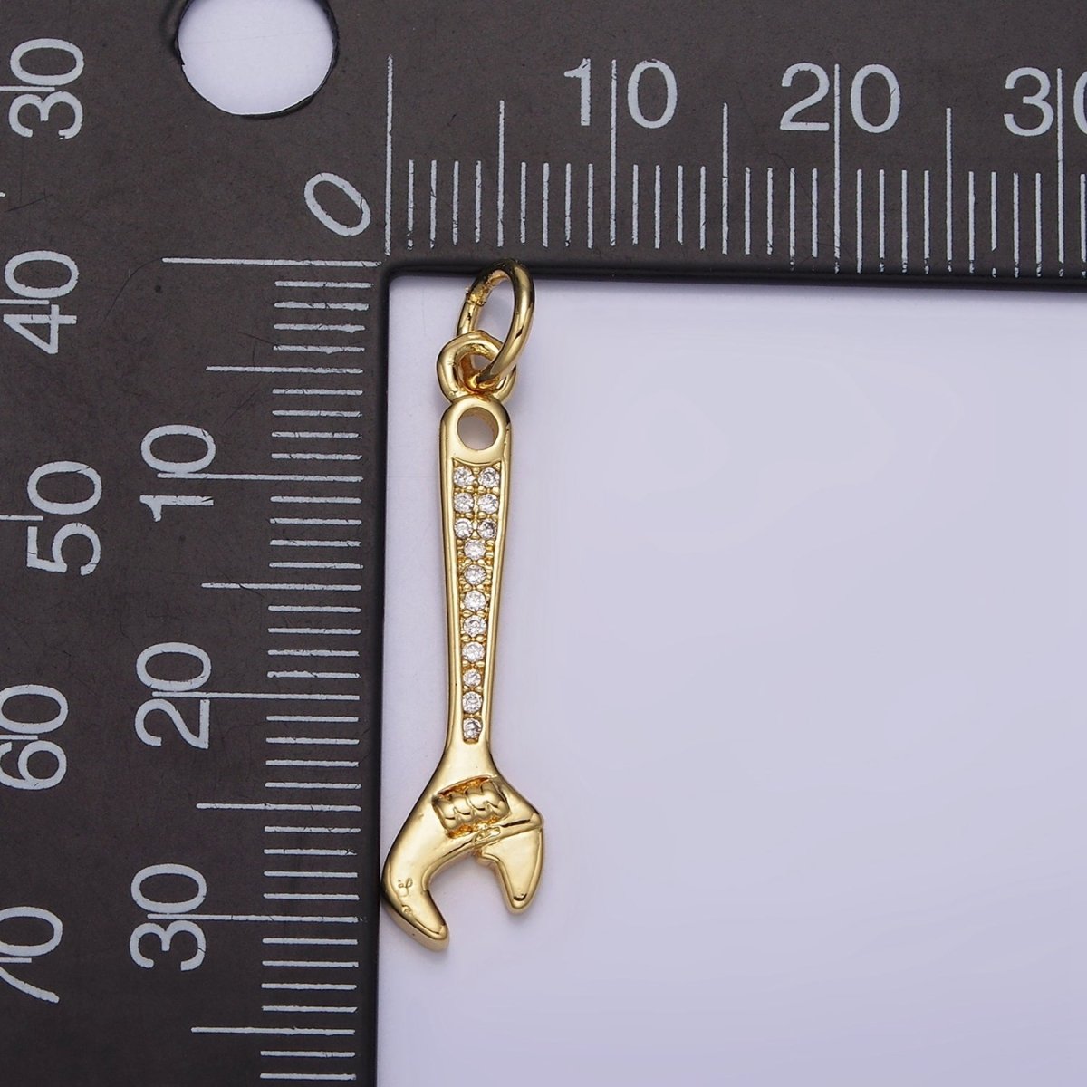 14K Gold Filled 32mm Clear Micro Paved CZ Torque Wrench Construction Tool Charm | N1100