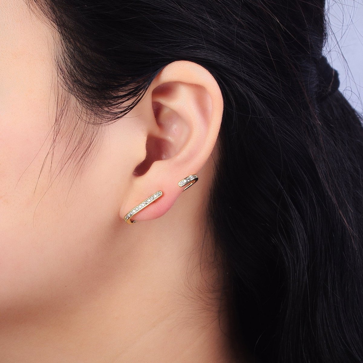 14K Gold Filled 32mm Micro Paved CZ Geometric C-Shaped English Lock Earrings | AB253