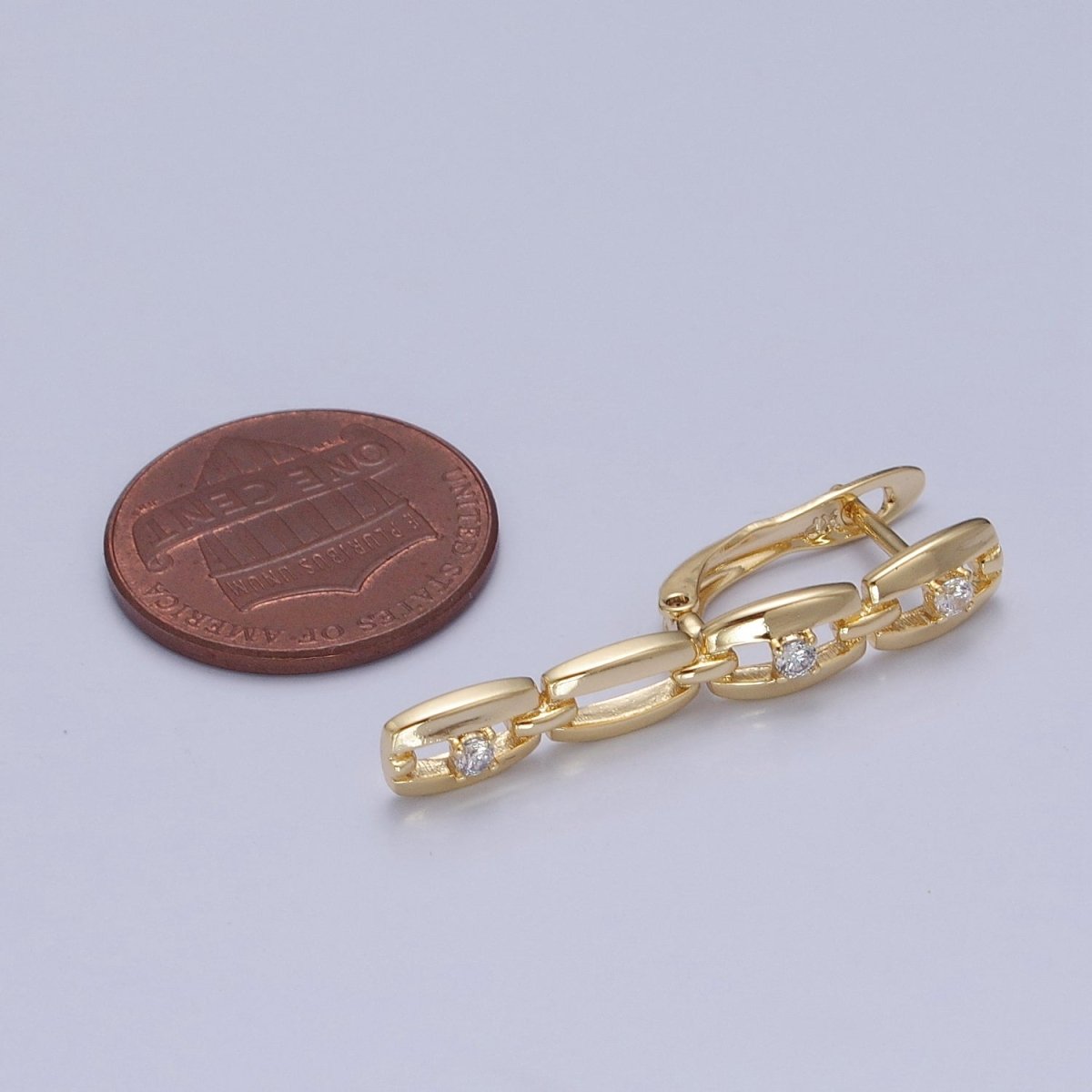 14K Gold Filled 32x12mm Cable Anchor Chain Link Cubic Zirconia CZ with English Lock Hoop Earrings P-299