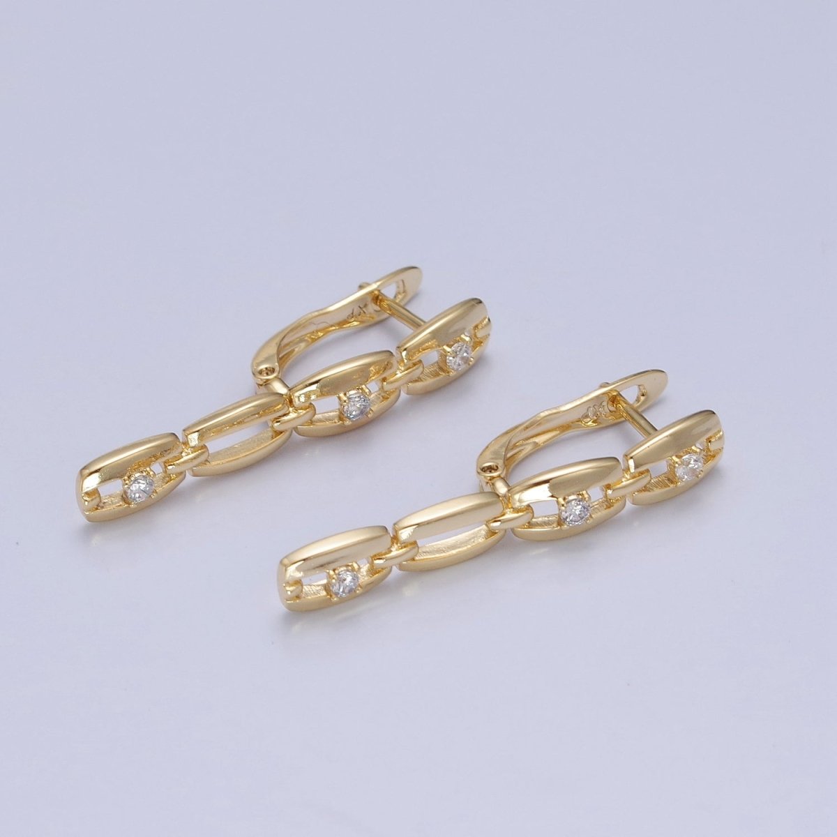 14K Gold Filled 32x12mm Cable Anchor Chain Link Cubic Zirconia CZ with English Lock Hoop Earrings P-299