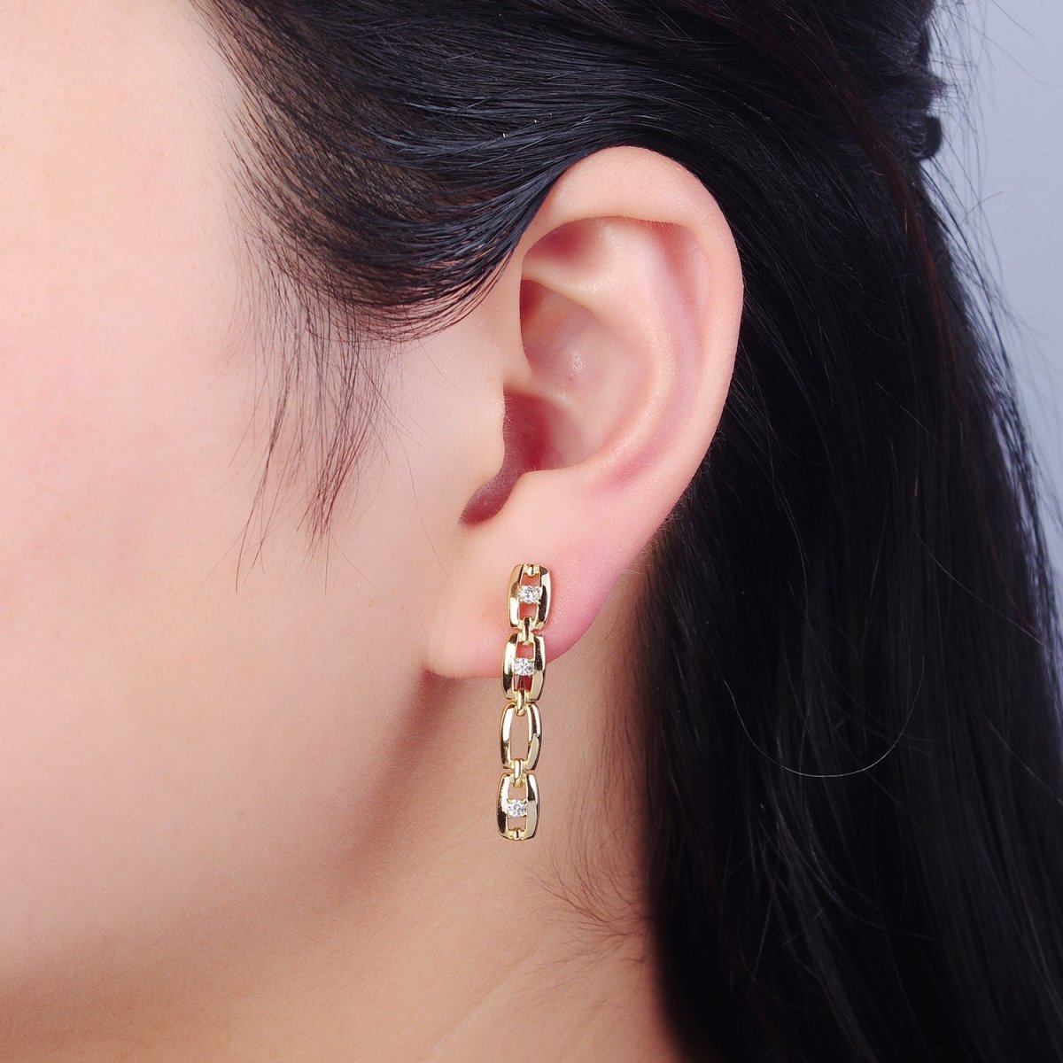 14K Gold Filled 32x12mm Cable Anchor Chain Link Cubic Zirconia CZ with English Lock Hoop Earrings P-299