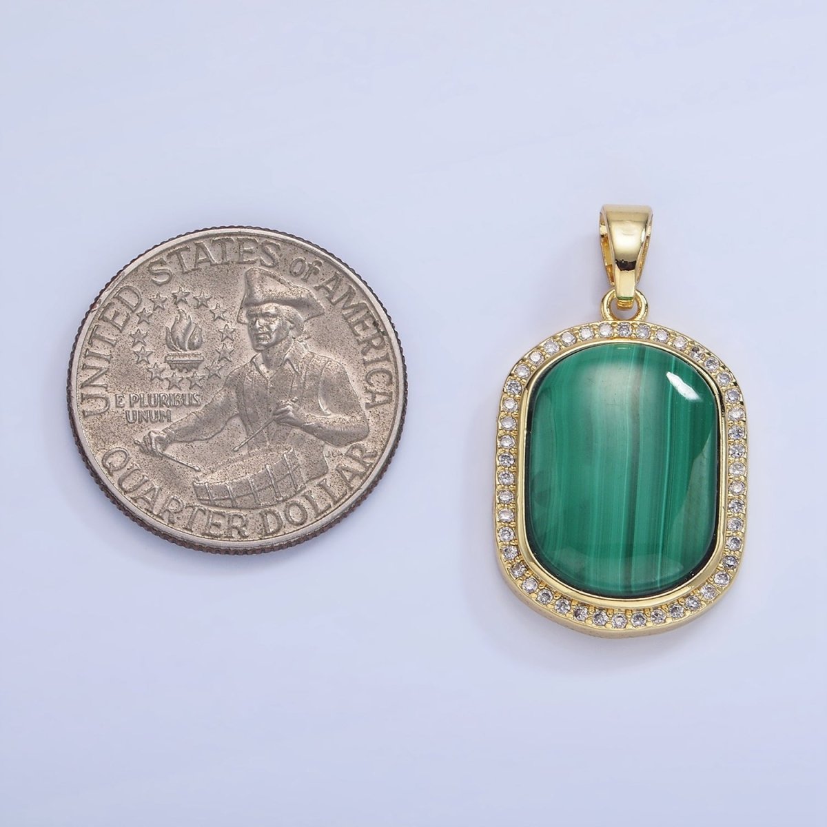 14K Gold Filled 33mm Malachite Oblong Micro Paved Bezel Pendant | AA1235