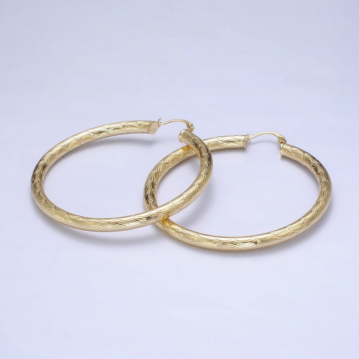 14K Gold Filled 35mm, 45mm, 55mm Cloudy Curved-Line Textured French Lock Latch Hoop Earrings | AE014 - AE016