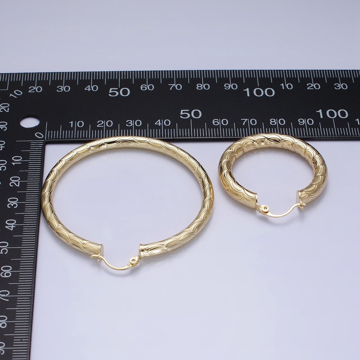14K Gold Filled 35mm, 45mm, 55mm Cloudy Curved-Line Textured French Lock Latch Hoop Earrings | AE014 - AE016