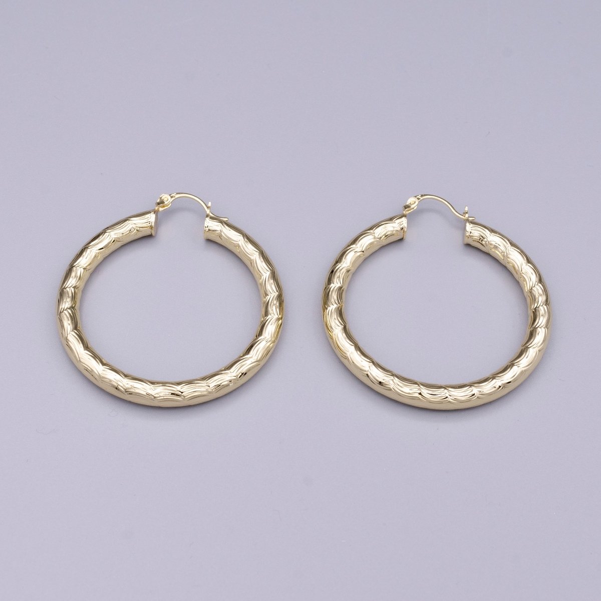 14K Gold Filled 35mm, 45mm, 55mm Cloudy Curved-Line Textured French Lock Latch Hoop Earrings | AE014 - AE016