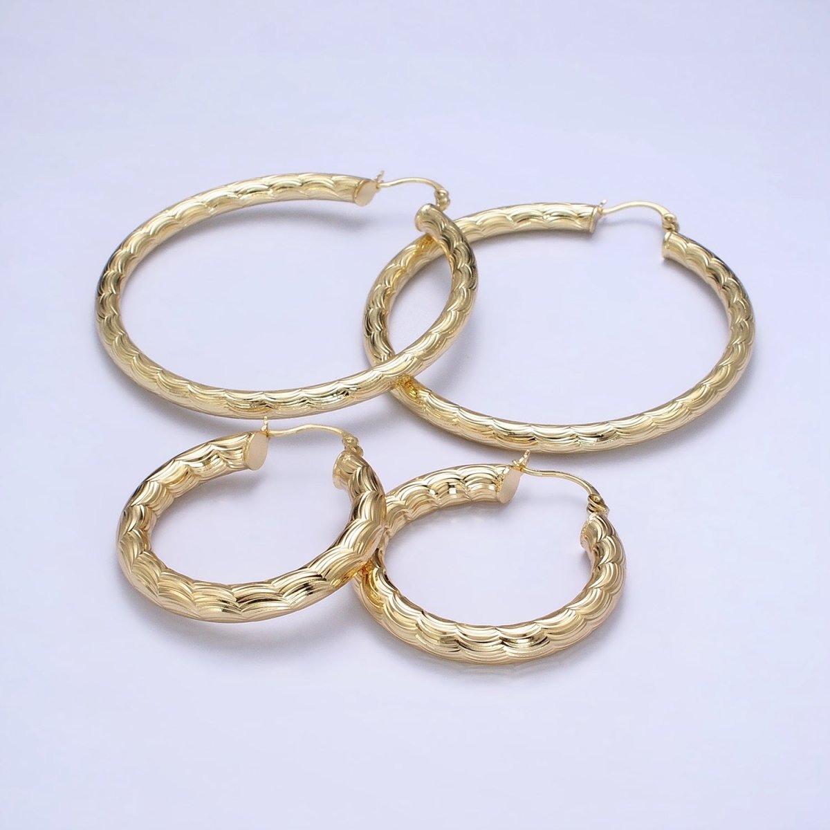 14K Gold Filled 35mm, 45mm, 55mm Cloudy Curved-Line Textured French Lock Latch Hoop Earrings | AE014 - AE016