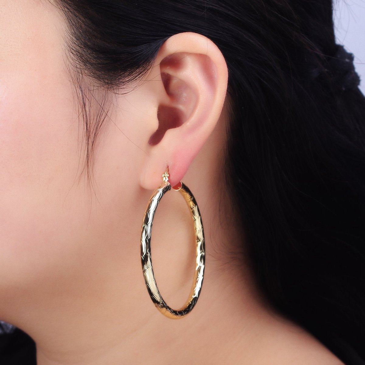 14K Gold Filled 35mm, 45mm, 55mm Cloudy Curved-Line Textured French Lock Latch Hoop Earrings | AE014 - AE016