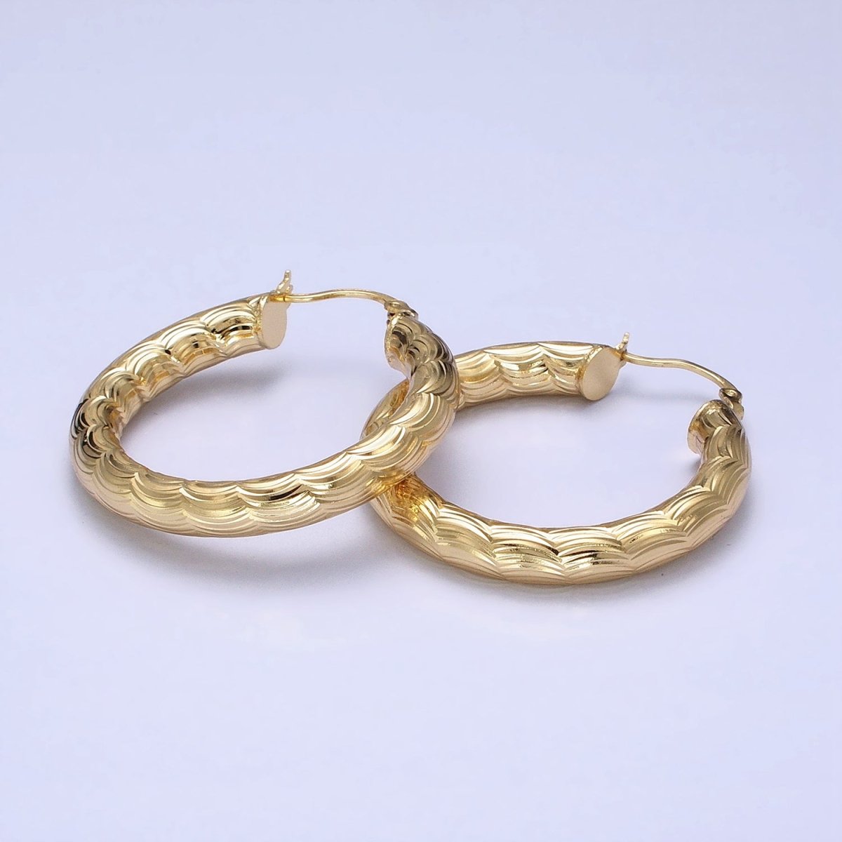 14K Gold Filled 35mm, 45mm, 55mm Cloudy Curved-Line Textured French Lock Latch Hoop Earrings | AE014 - AE016