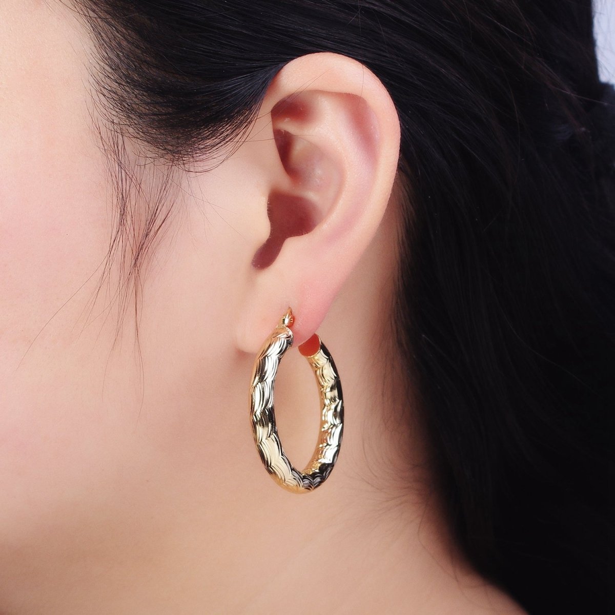 14K Gold Filled 35mm, 45mm, 55mm Cloudy Curved-Line Textured French Lock Latch Hoop Earrings | AE014 - AE016