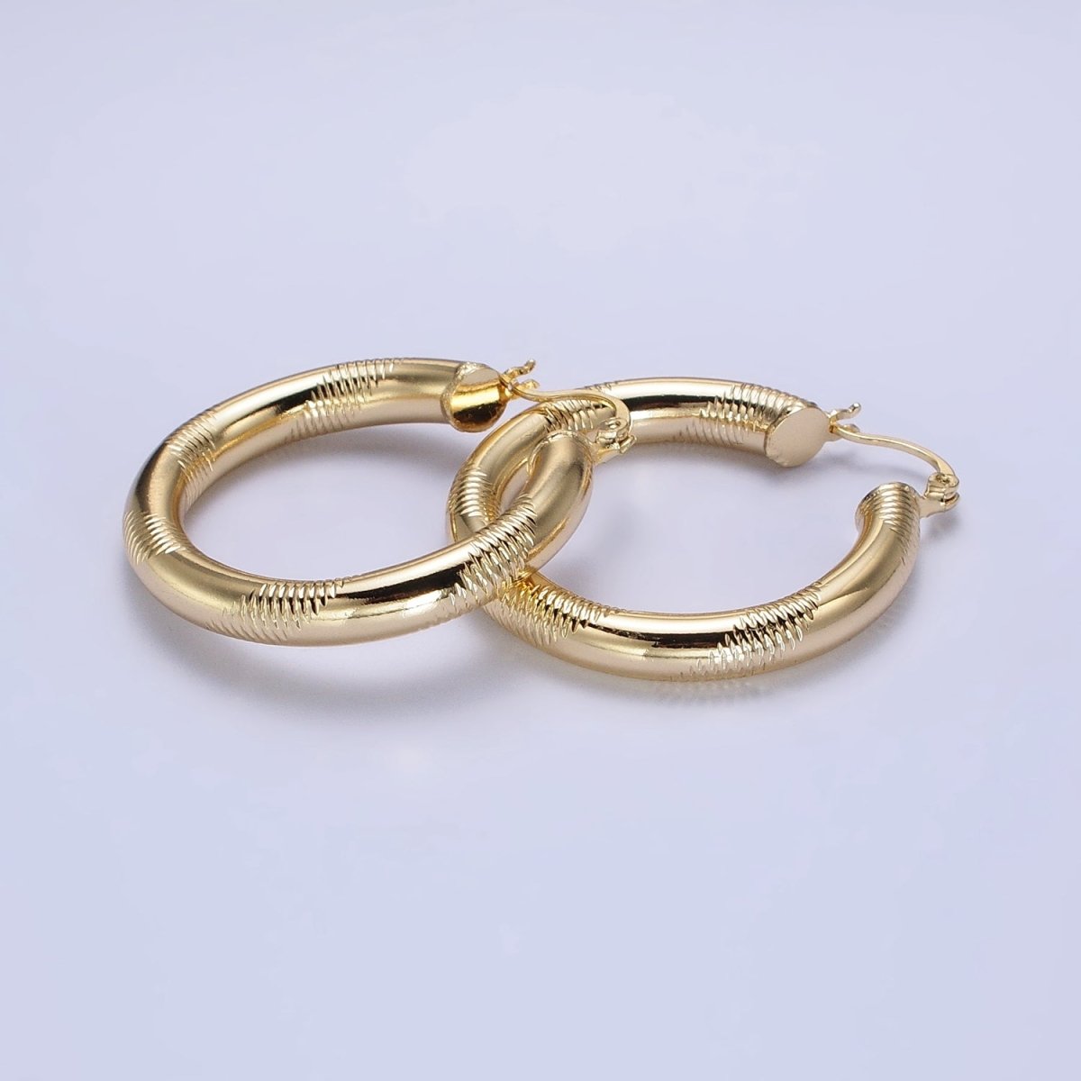 14K Gold Filled 35mm, 45mm, 55mm Line-Textured Statement Latch French Lock Hoop Earrings | AB207 - AB209
