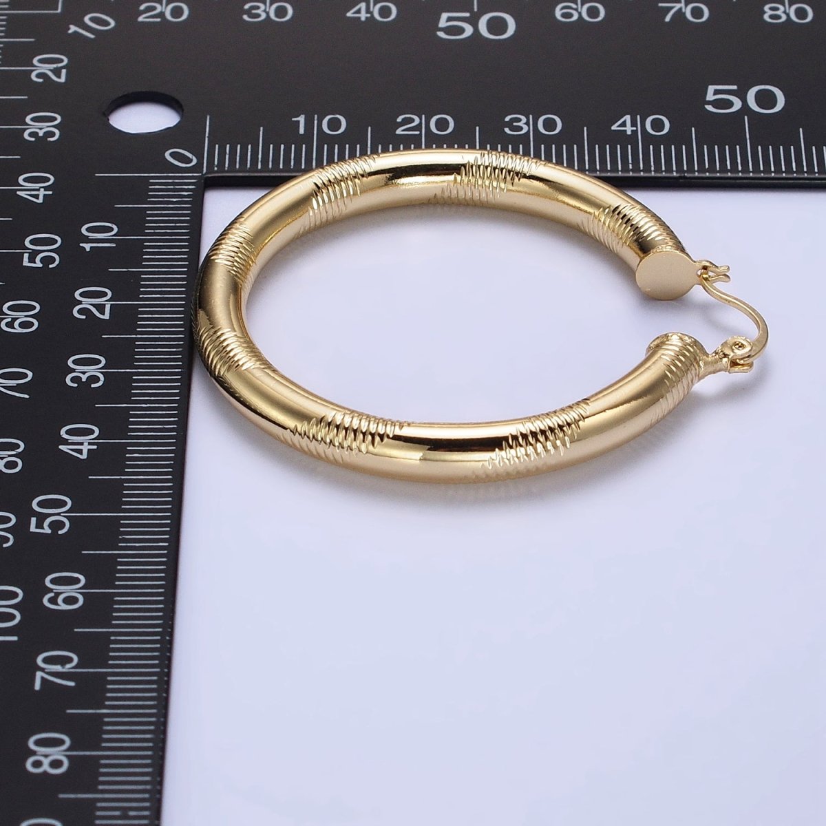 14K Gold Filled 35mm, 45mm, 55mm Line-Textured Statement Latch French Lock Hoop Earrings | AB207 - AB209