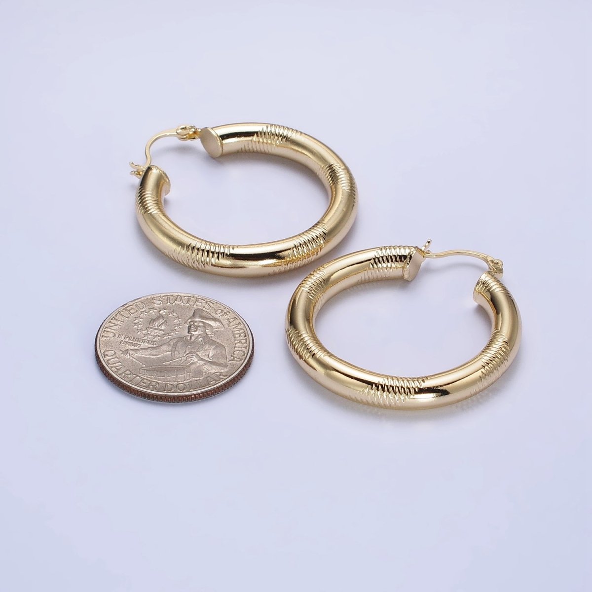 14K Gold Filled 35mm, 45mm, 55mm Line-Textured Statement Latch French Lock Hoop Earrings | AB207 - AB209