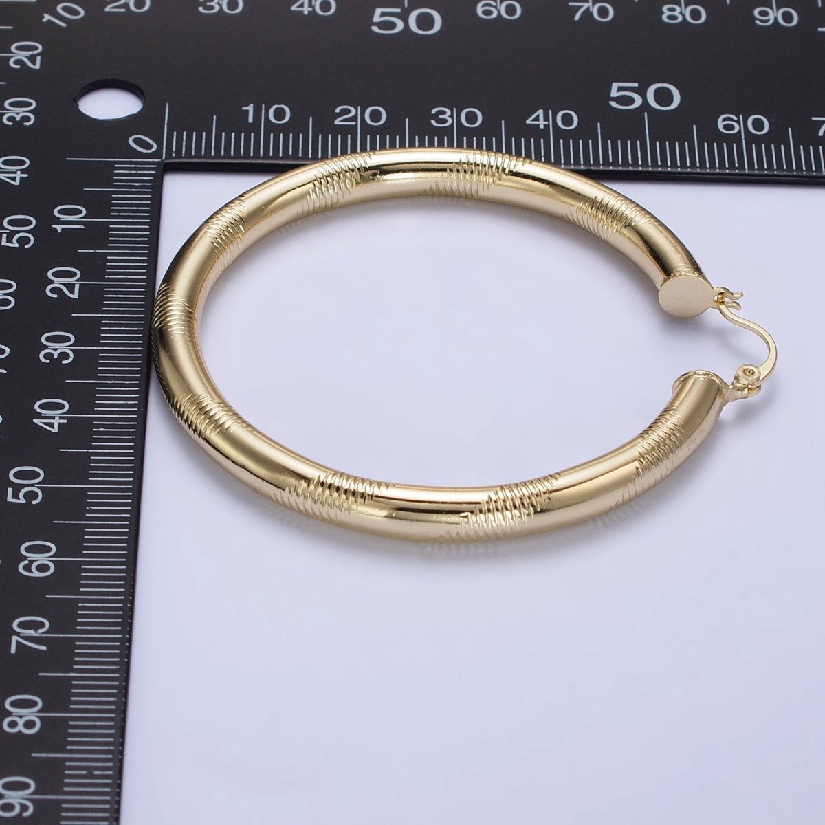 14K Gold Filled 35mm, 45mm, 55mm Line-Textured Statement Latch French Lock Hoop Earrings | AB207 - AB209