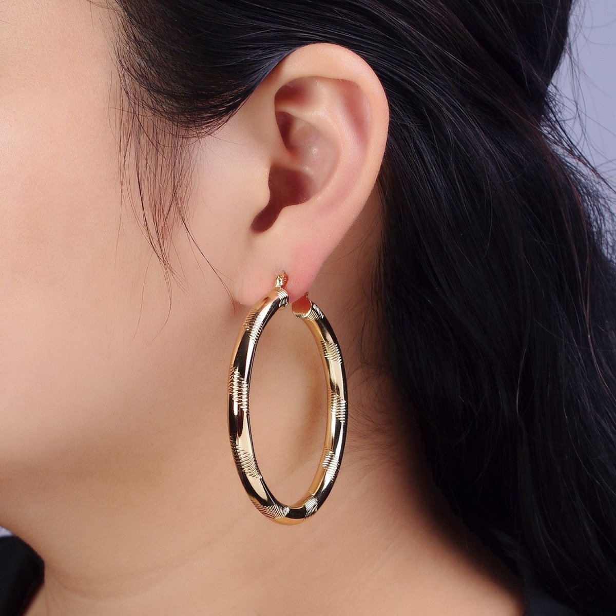 14K Gold Filled 35mm, 45mm, 55mm Line-Textured Statement Latch French Lock Hoop Earrings | AB207 - AB209