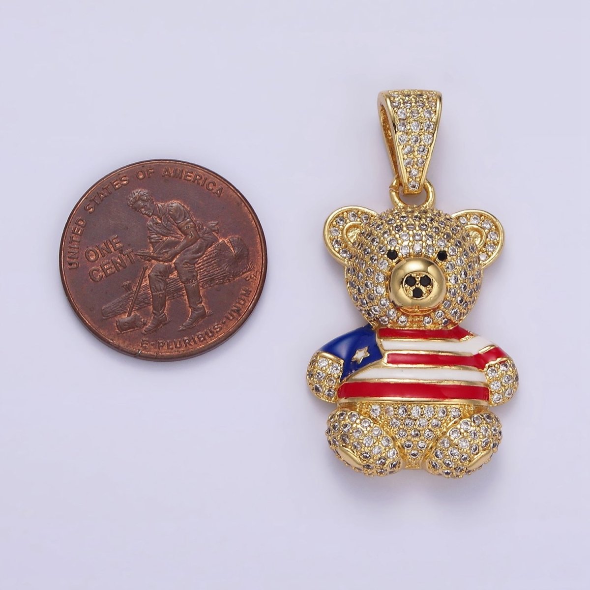 14K Gold Filled 35mm Bear Animal Flag Shirt Clear Micro Paved CZ Bail Pendant | AA642