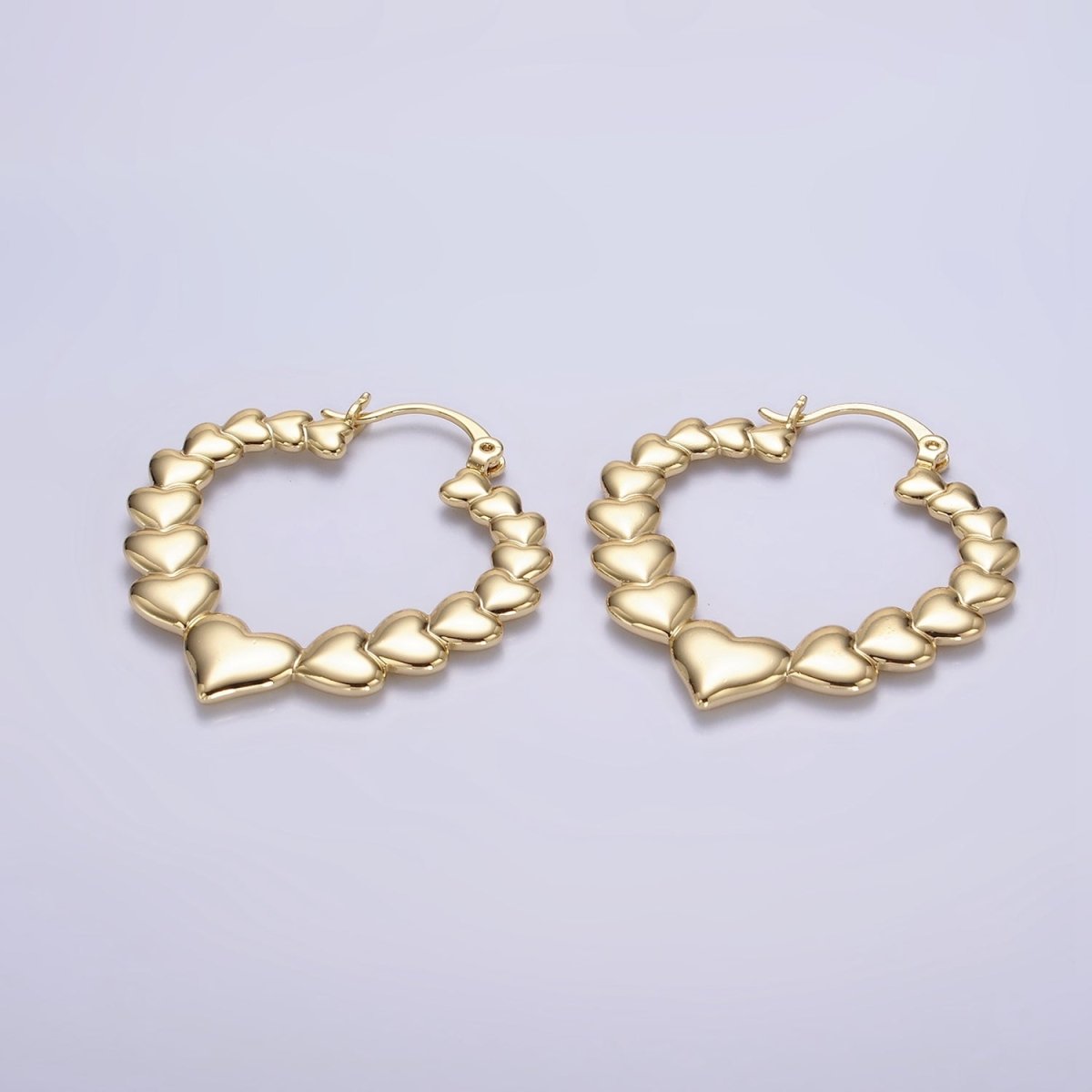 14K Gold Filled 35mm Puffed Heart Lined French Lock Latch Hoop Earrings | AE728
