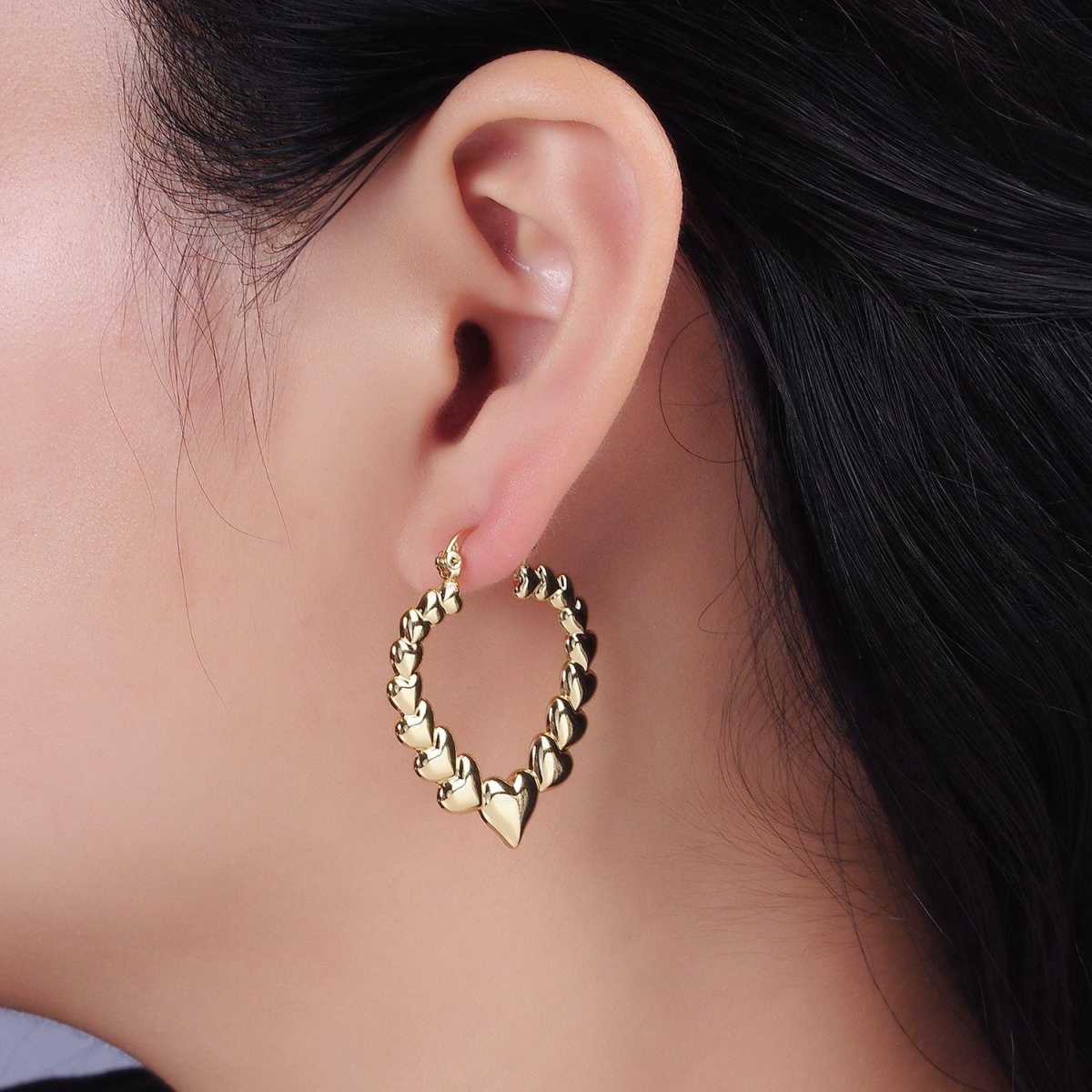 14K Gold Filled 35mm Puffed Heart Lined French Lock Latch Hoop Earrings | AE728