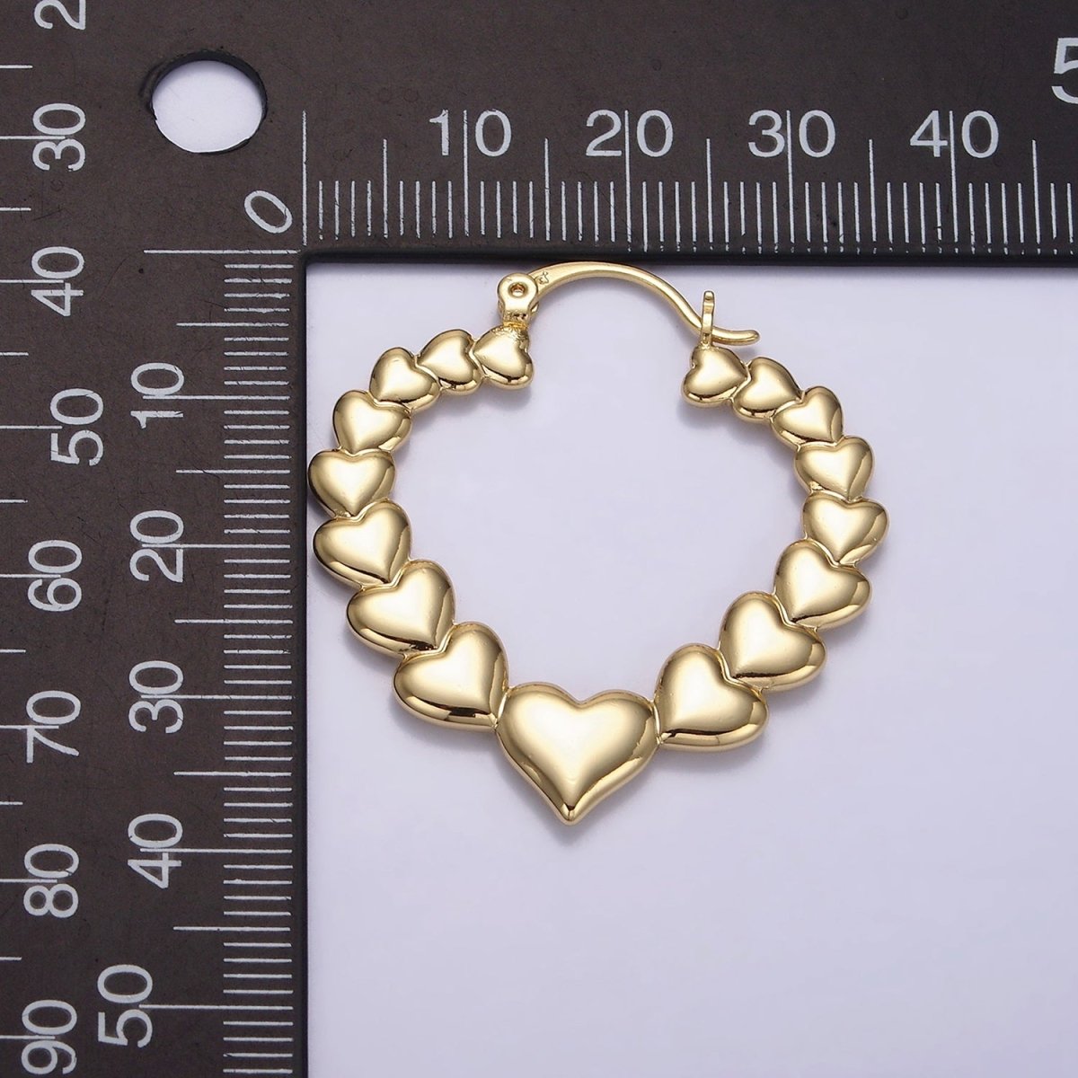 14K Gold Filled 35mm Puffed Heart Lined French Lock Latch Hoop Earrings | AE728