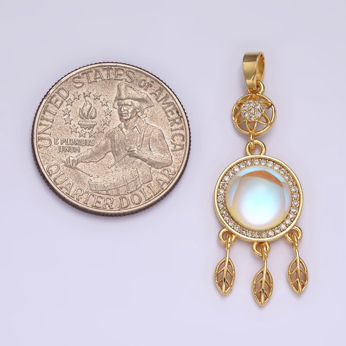 14K Gold Filled 39.5mm Moonstone Micro Paved CZ Celestial Star Dreamcatcher Pendant | N-1824