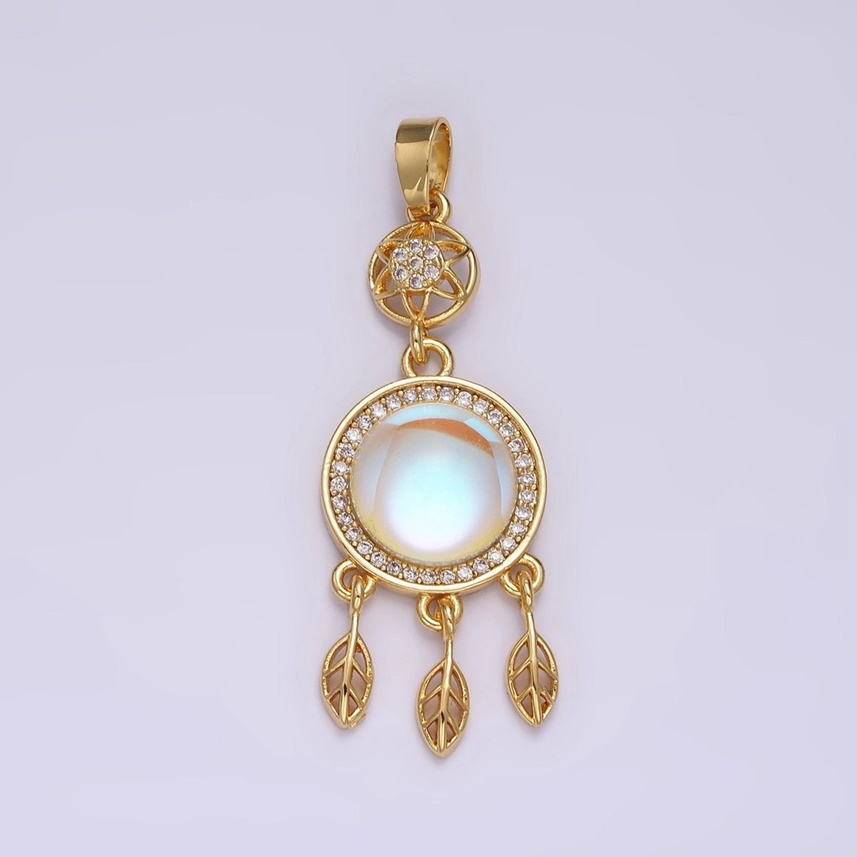 14K Gold Filled 39.5mm Moonstone Micro Paved CZ Celestial Star Dreamcatcher Pendant | N-1824