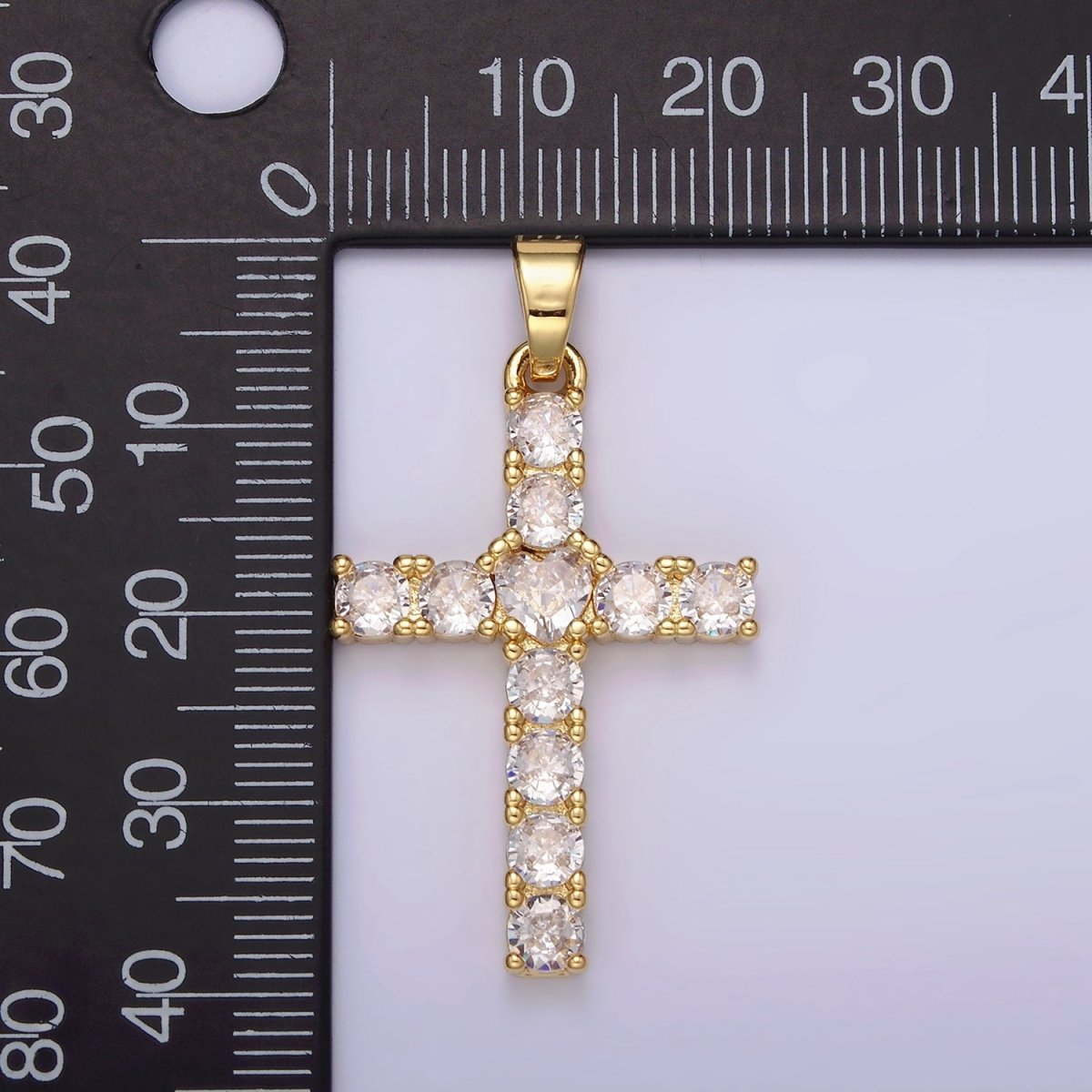 14K Gold Filled 40mm Clear Round CZ Lined Religious Cross Pendant | N1287