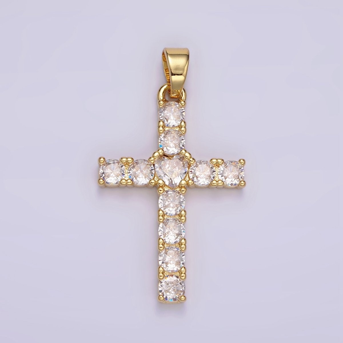 14K Gold Filled 40mm Clear Round CZ Lined Religious Cross Pendant | N1287