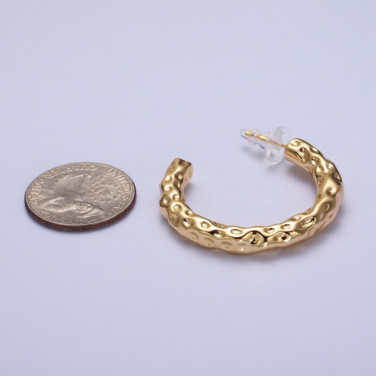 14K Gold Filled 40mm Geometric Hammered C-Shaped Hoop Earrings | V068